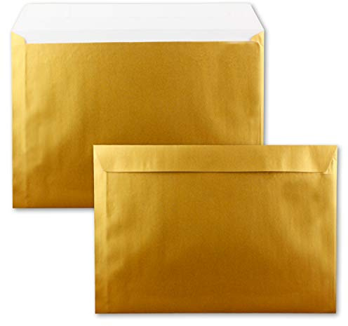 50x große XXL Briefumschläge DIN C4 in Gold Metallic - 22,9 x 32,4 cm - Haftklebung ohne Fenster - Versandtasche für DIN A4 geeignet