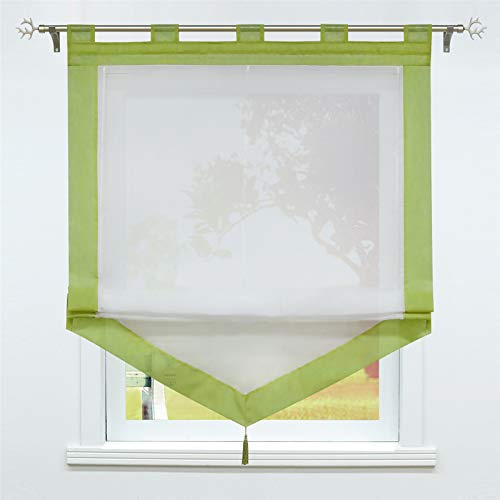 SCHOAL Raffrollo mit Schlaufen Transparente Raffgardine Landhaus Schlaufenrollo Gardinen Voile mit Quaste 1 Stück BxH 80x140cm Grün