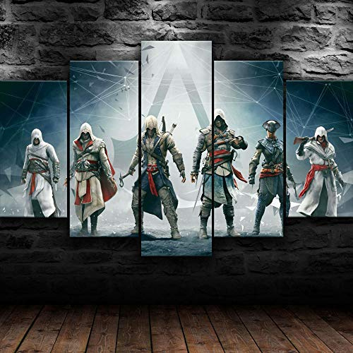 Myrdsio Canvas Wall Art 5 Piece Mural Oil Painting Pictures, Assassin'S Creed Ezio Edward Hd Print 5-Part Modular Posters, Modern Living Room Kitchen Decoration Ready To Hang