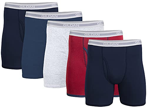 Gildan herr boxershorts med normal ben, multipack (förpackning med 5), Marinblå/ljung marinblå/sportgrå/prick/marinblå (5-pack, klassisk längd), M