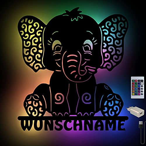 Namofactur personalisierte Elefanten-Wandlampe aus Holz mit RGB-Licht | Mit Wunschname – USB-Anschluss, Fernbedienung und Netzteil; in verschiedenen Farben wählbar für Baby- oder Kinderzimmer