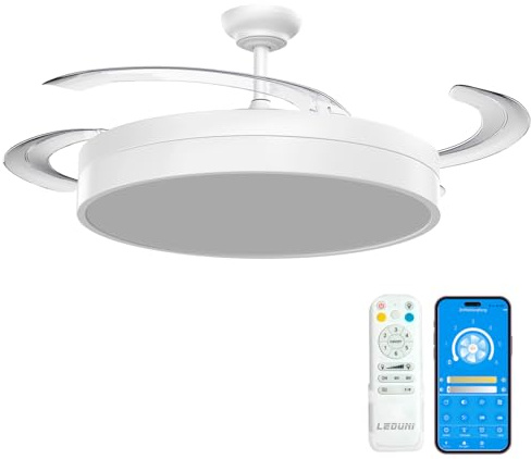 LEDUNI ® Ventilador con Luz Lámpara LED 66W Ventilador Invisible Ultra Silencioso con Mando a Distancia+Control APP y Palas Retráctiles,Luz Fría/Neutra/Cálida Interiores Plafón lluminación