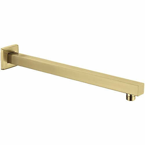 Braccio doccia quadrato con flangia in ottone spazzolato 40,5 cm a parete con soffione a pioggia, braccio di prolunga in acciaio inox, oro spazzolato