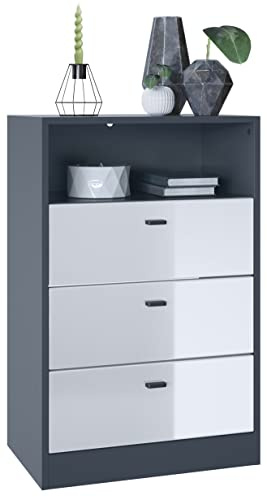 Vladon Kommode Pino V2, Made in Germany, Anrichte mit 3 Schubladen & 1 offenem Fach, Anthrazit matt/Weiß Hochglanz ohne LED (56 x 86,5 x 36 cm)