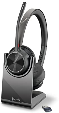 Poly Voyager 4320 UC Stéréo-Casque sans fil + chargeur (Plantronics) - microphone antibruit, longue durée de vie de la batterie, connexion Bluetooth avec PC/Mac/téléphone mobile, certifié Teams