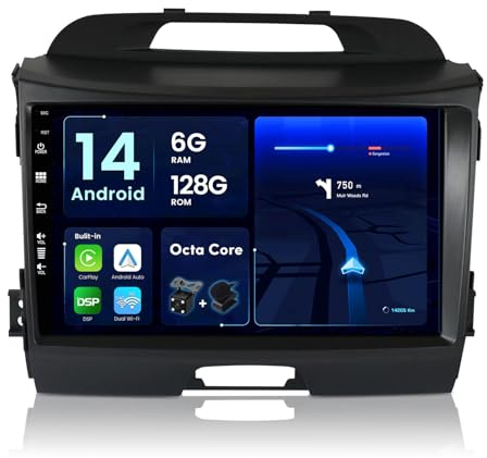 JOYX - [6G+128G] Android 14 Autoradio Passt für Kia Sportage (2010-2015) - Eingebaut DSP/Carplay/Android Auto - Kamera MIC KOSTENLOS - 9 Zoll 2 Din - Unterstützung SWC WiFi 4G DAB Fast-boot 360-Kamera