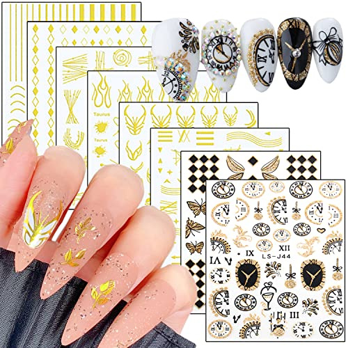 Gold Nail Art Stickers, Wave Line Chains Flame Stars Flowers Leaf Clocks Watches Nail Self-Adhesive Sticker Designs, 3D Gold Nail Transfer Decals for Women Manicure Charms Decorations Nail Art Tips