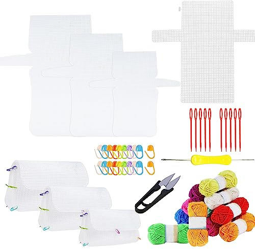 Allazone 58 Pz Panno Punto Croce Bianco Panno Ricamo en Plastica, Tessuto per Ricamo a Punto Croce per Progetti di Ricamo a Punto Croce, 12 Colori Filato e all'Uncinetto Artigianato Fai-da-Te