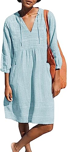 Lafural Womens V Neck Cotton Casual Loose Shift Tunic Smock Summer Dresses Vacation Dress 3/4 Sleeve Pocket Blue S