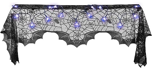 Halloween Deko, Schwarze Spitze Spiderweb mit 20 Lila Spinne LED, Leuchten Kaminmantel Schal Cover, Halloween Türvorhang Deko 45 x 243cm