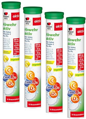 Doppelherz Abwehr aktiv Zink + Selen + Vitamin C + B12 + D3 - als Beitrag für die normale Funktion des Immunsystems - 15 gut auflösende Brausetabletten mit Zitronen-Geschmack (Packung mit 4)