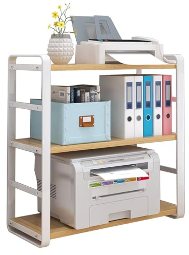 DROMEZ Druckertisch mit 3 Ebenen, Druckständer aus Holz & Metall, Höhenverstellbar Druckerhalter Organizer für Drucker Scanner Büro Zuhause Schule, Weiß & Braun, 45 * 30 * 60 cm