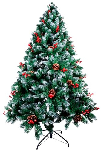 Árbol de Navidad Verde Natural con Nieve y Bayas Rojas 120cms, árbol de Navidad nevado, Luces de Navidad Opcionales, decoración arbol Navidad a tu Gusto, Chistmas Tree 270 Ramas