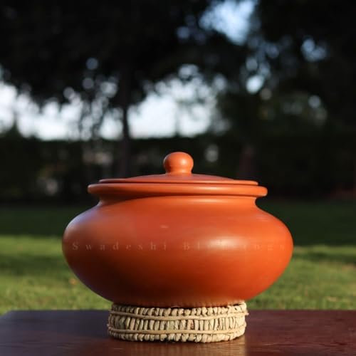 Swadeshi Blessings Unglazed Clay Pot for Cooking with Lid/Clays Cooking Pot/Earthen Pot/Clay Handi/Earthen Kadai/Curry, Biryani Pots & FREE ASH For Cleaning (3 Litres)