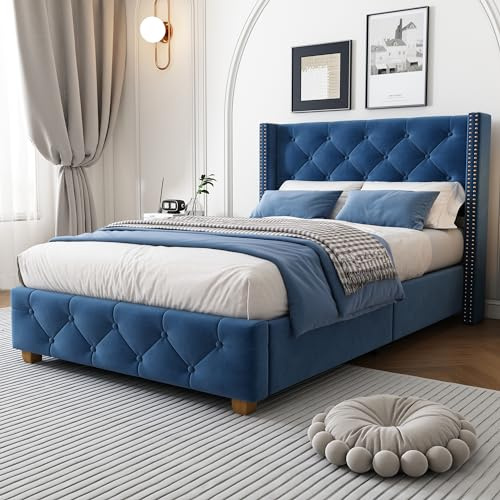 Zravenna Polsterbett 90x 200 cm, Doppelbett betten mit Lattenrost und Metallrahmen Bettgestell, Polster kopfteil mit Knopf-Nieten-Dekoration, Holzbeine, Samt, Blau