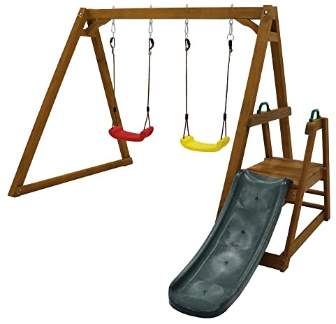 DRIXNO Doppelschaukel für Kinder, Robuste Kinderschaukel mit Rutsche und Kletterleiter, Outdoor Schaukelgerüst Schaukelgestell aus Massivholz, 238,5x240x168,9cm