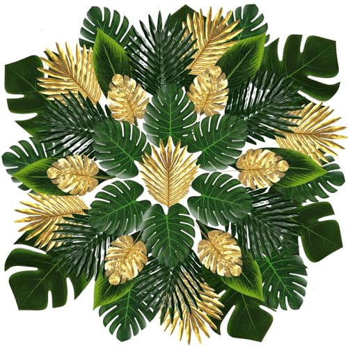 OMIGA Feuilles fausses pour décoration de palmier Monstera Fête hawaïenne Jungle Plage Décorations tropicales Fête (60 pièces vertes/or)