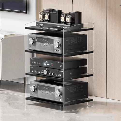 GUAWJRZDP Audio Rack Hi Fi Regal, Phonoschrank mit Verstellbaren Regalen, Hi Fi Rack Aus Acryl, Record Player Stand, High-Edge-Design, Corner Entertainment Center(Transparent,4-Tier)