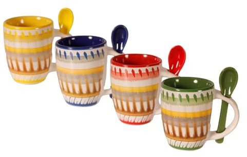ARCA, Set 4 Tazzine da Caffè Apulia Raggio con Cucchiaino, Realizzate in Ceramica Decorata, Lavabili in Lavastoviglie, Capacità 90 ml, 6x7 cm, Colori Assortiti