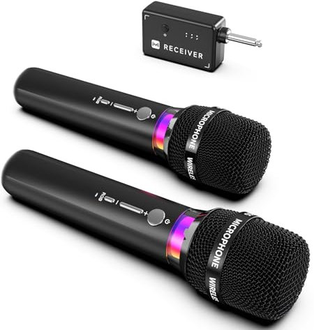ECHOMUSSY Microphone Wireless, Rechargeable Dual Wireless Microphones with One-to-One Chip Connection and LED Lights, 40H Duration, 200FT Range Receiving, Less Latency Karaoke Microphones for Singing
