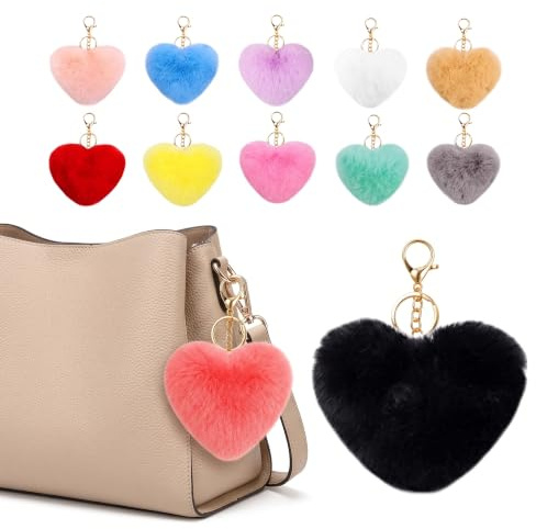 Tofficu 12 Stück Herz Schlüsselanhänger, Flauschige Pompons für Taschen | Mehrfarbiges Set, Weiche Plüschoberfläche, Goldfarbener Karabiner mit Ring, für Rucksack, Handtasche und Schlüsselbund