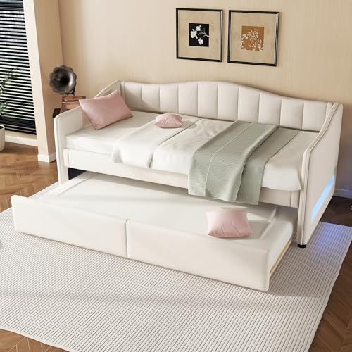 Idemon Cama de día, 90 x 200 cm, con cama extraíble, sofá cama, cama individual (sin colchón), diseño de luz ambiental, lino, estilo minimalista (beige)