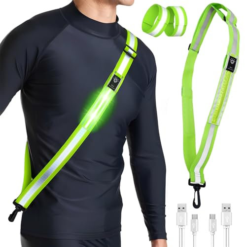 Yeelan Lauflicht Joggen mit Reflektoren Gürtel, Reflektierende LED-Laufausrüstung, Reflektierende Gürtelschärpe mit Armband, USB Aufladbar Verstellbar Reflektorband für Radfahren, Joggen, Laufen