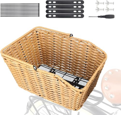 ZUKKA Cesta de bicicleta trasera tejida cesta de bicicleta desmontable cesta trasera portabicicletas cesta cesta de almacenamiento de bicicletas para rack trasero tipos de bicicleta (madera)