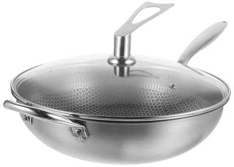 Cabilock Stainless Steel 34cm Honeycomb Nonstick Wok with Lid for Induction and Gas Stove, Single-Sided 410 Stainless Steel Frying Pan for Kitchen Cooking