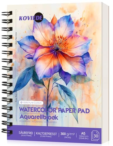 KOVIEDE Bloc de papier aquarelle 100% coton A5 - Grain fin, 300 g/m², reliure spirale, carnet de croquis aquarelle de qualité professionnelle pour adultes et enfants
