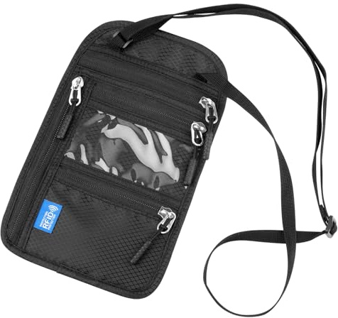 Brustbeutel mit RFID Schutz, Anti-Diebstahl Brusttasche Herren, Wasserdicht Reisegeldbeutel, Verstellbarem Unisex Sicherheitstasche Reise für Passport Karten Smartphone Geld (A-Schwarz)