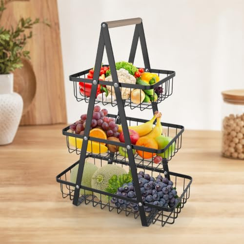 XMTECH Obst Etagere 3 Etagen Schwarz Metall Obstkorb Gemüsekorb | Flexible Aufteilung, offene Körbe zur Aufbewahrung von Obst und Gemüse, stabiler Stand, ideal für Küche und Restaurant