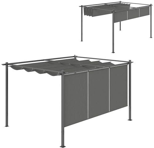 Outsunny 3 x 4m Metal Pergola with Retractable Roof and Roller Shade, Free Standing Garden Gazebo Canopy Pergola Kit, UPF30+ Outdoor Sun Shade Shelter, Grey