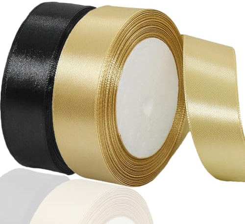 2 Rollen Satinband 20mm Breit, Geschenkband Schwarz und Gold Schleifenband Stoff Satinbänder für Blumensträuße, Geschenkverpackung, Weihnachten, Hochzeit und DIY Kunsthandwerk