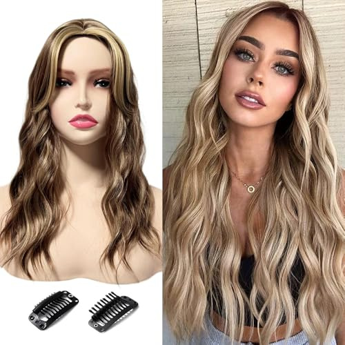 XFSRG Hair Topper für Frauen Synthetische Lange Gewellt Haarverlängerung Leichtes Natürlich Haarteil für Dünner Haar Oberkopf Flauschiger mit Clips（Hellbraun）