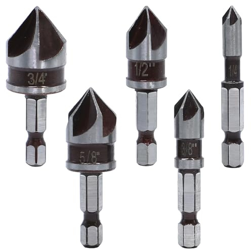 GYSRXS Juego de 5 brocas avellanadoras para metal 82° de 5 filos, avellanador cónico con vástago hexagonal de 1/4 pulgadas, utilizado para metales de dureza media, madera, PVC