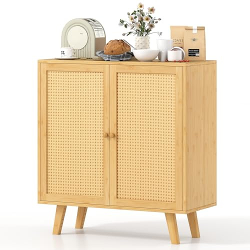 GIANTEX Buffet de cuisine en bambou avec 2 portes décorées en rotin, 80 x 34,5 x 85 cm, armoire de rangement 2 niveaux, style bohème, meuble pour salle à manger, salon, chambre