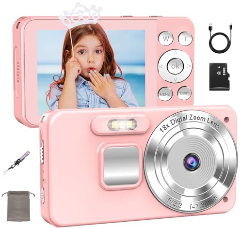 Appareil Photo Numérique 4K, 64MP Autofocus Appareil Photo, Zoom Numérique 18X, Écran 2,8, Mode Time-Lapse et Enregistrement en Boucle, Webcam, Carte SD 32GB Incluse, Idéal pour Débutants Pink