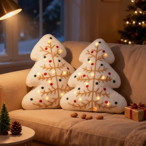 Lanpn 2 Stück LED Weihnachtsbaum Kissen Weihnachtskissen, Weihnachts Kissen Dekokissen Flauschiges Zierkissen für Geschenk Party Bett Sofa Couch Weihnachtsdeko (Weiß, 43x48,5cm)