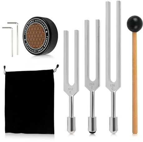 Stimmgabeln zur Heilung, 128 Hz, 256 Hz, 512 Hz, 3-teilige Chakra-Stimmgabeln aus Aluminiumlegierung mit Kristallstiefel, Schlägel und Aktivator für Meditation, Klangtherapie, Biofeldharmonisierung