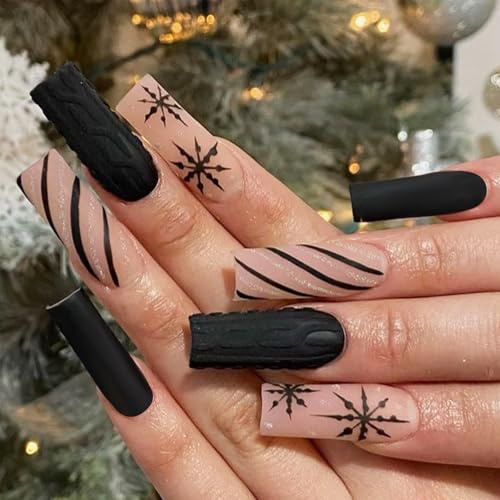 24pcs Christmas False Nails - Long Press on Nails - Black Glitter Line Snowflake French Tip - Fake Nail Christmas Nail Stick on Xmas Holiday Nails Art Accessories