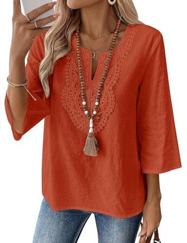 LOMON Womens 3/4 Sleeve Tops Cotton Linen Shirts V Neck Lace Casual Loose Fit Blouses Boho Fashion(Caramel,XL)