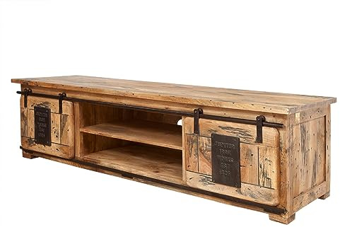 MASSIVMOEBEL24.DE TV-Board Mango Natur lackiert Railway #135 | 180 cm (BxTxH) 60 kg Industrial montiert vollmassiv