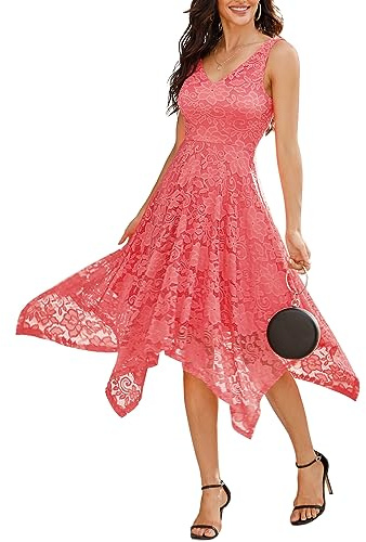 Meetjen Abito da donna vintage floreale in pizzo fazzoletto orlo asimmetrico cocktail formale Swing Dress - Rosa - L