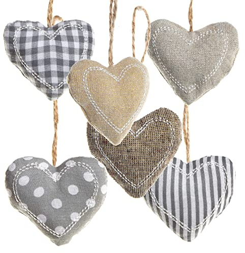 Deko-Anhänger Herzen, 6er Set: Herzanhänger Stoff, Stoffanhänger Herz, Dekoherzen zum Aufhängen, Weihnachten, Advent & Winter, Weihnachtsdeko Zweige, Hängedeko, Baumschmuck Beige & Grau, 5 x 6 cm