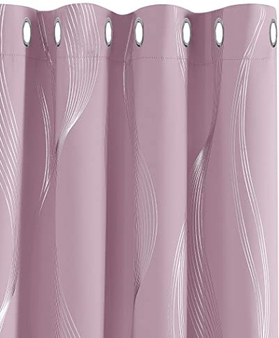 Deconovo Decorative Silver Wave Line Foil Printed Blackout Curtains Thermal Insulated Curtains Eyelet Curtains for Living Room 46 x 54 Inch Light Pink 2 Panels
