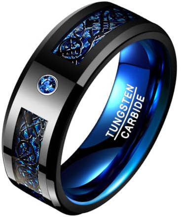 Vakki 8mm Wolframringe für Herren/Damen, Hawaiianische Koa-Holzeinlage, Kuppel, Abalone-Muschel/blaue Mitte, Eheringe, bequeme Passform, Größe 52(16.6)-74.8(23.8)