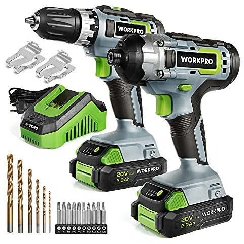 WORKPRO Perceuses Combi 20V avec 2 Batteries 2,0Ah, Perceuse Visseuse sans Fil à Double Vitesse avec 18+1 Couple, et Visseuse à Choc 130Nm, Charge Rapide en 1H, 16 Accessoires Compris