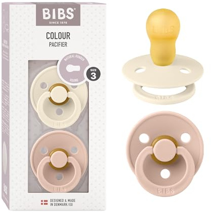 BIBS Colour Schnuller, 18-48 Monate, 2er-Pack, Runder Sauger, Ivory/Blush | Naturkautschuklatex | Größe 3 | BPA-frei | Hergestellt in Dänemark | Hohe Akzeptanz | Luftlöcher | Komfortschild
