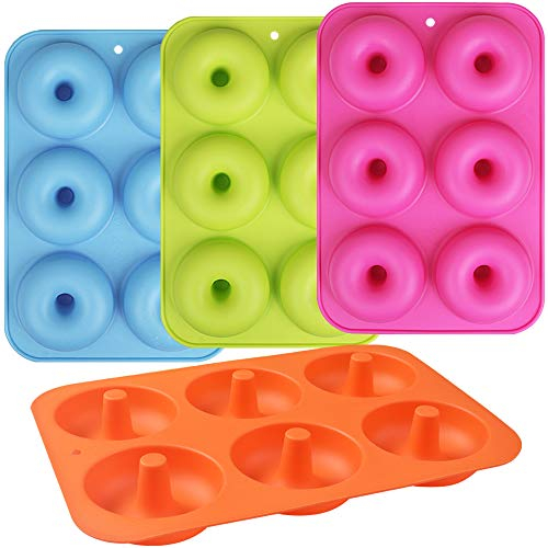Newk Stampo in silicone per ciambelle, 6 cavità, antiaderente, per ciambelle, bagel, set da 4, blu, verde chiaro, rosa rossa e arancione